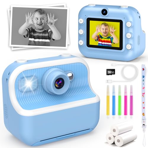 Dancial Kinderkamera Sofortbildkamera, 1080P 2,4 Zoll Bildschirm DigitalKamera Kinder mit 3 Rollen Druckpapier,32GB Karte, Fotokamera mit 5 Farbigen Stiften,2 Aufkleber Geschenk für Kinder